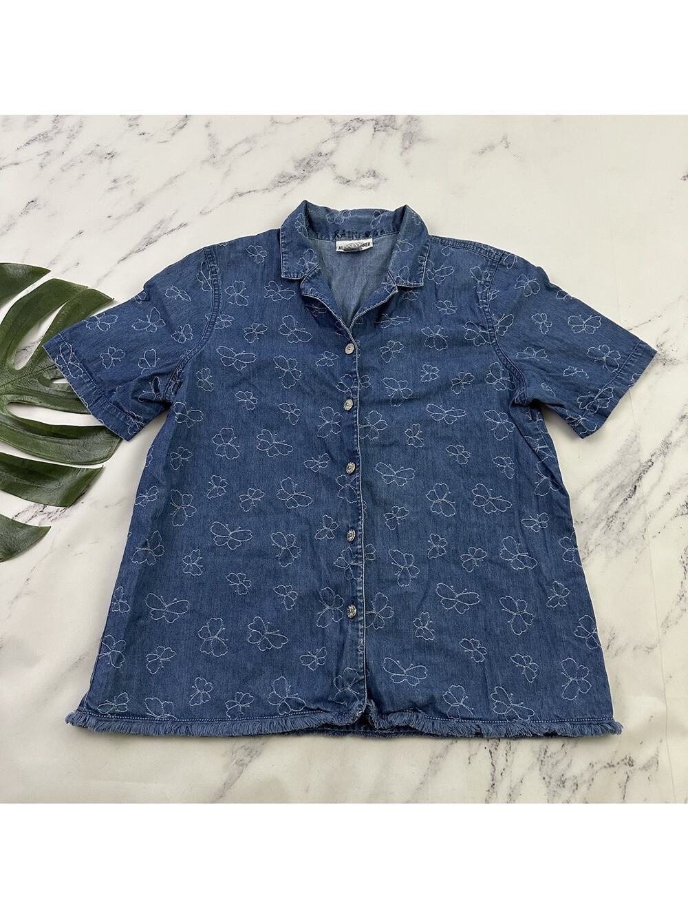 Alfred Dunner Womens Vintage 90s Denim Shirt Size 14 Blue Butterfly Embroidered